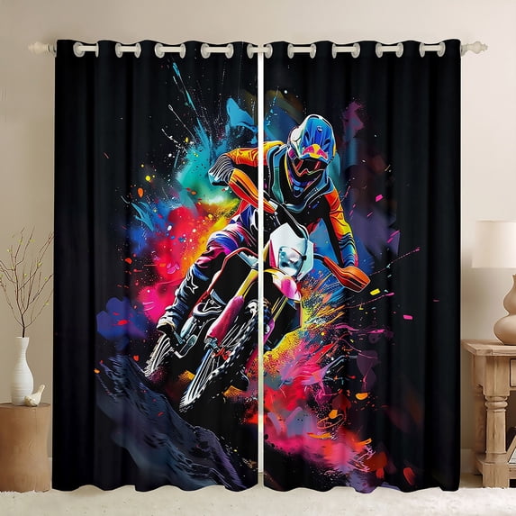 Feelyou Cartoon Motorcycle Curtains Pack of 2 (42x84 Each) for Kids, Black Pink Watercolor Curtains Blackout, Modern Sport Lover Bedroom Curtains, Blackout Curtains Room Decor