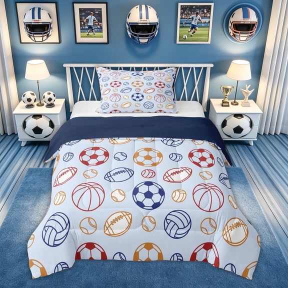 Feelyou Cartoon Multisport Print Twin Comforter Sets for Kids, Cartoon Blue Ball Theme Bedding Set, Blue Reversible, 2pcs, 1 Comforter and 1 Pillowcase