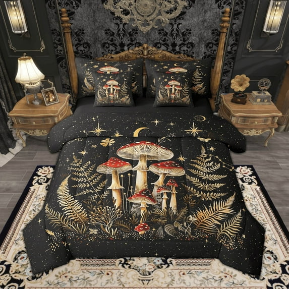 Feelyou Cartoon Mushroom Bedding Comforter Set 7pcs for Kids, Green Vintage Leaves King Bedding Sets, Dreamy Starry Night Bed Sheets