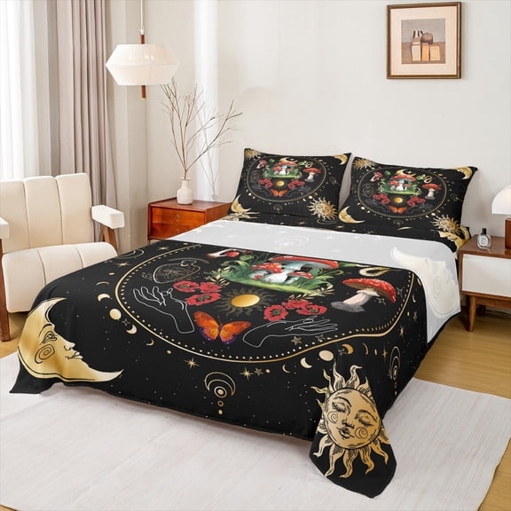 Feelyou Cartoon Mushroom Flower Bed Sheets, Black Gold Moon Sun King Sheets, Vintage Rustic Bohemian Sheet Set, Ultra Soft Bedroom Decor, 4pcs