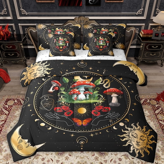 Feelyou Cartoon Mushroom Flower Bedding Comforter Set 7 Pieces, Black Gold Moon Sun Full Bedding Set, Vintage Rustic Bohemian Fitted Sheet Flat Sheet, Ultra Soft Bedroom Decor
