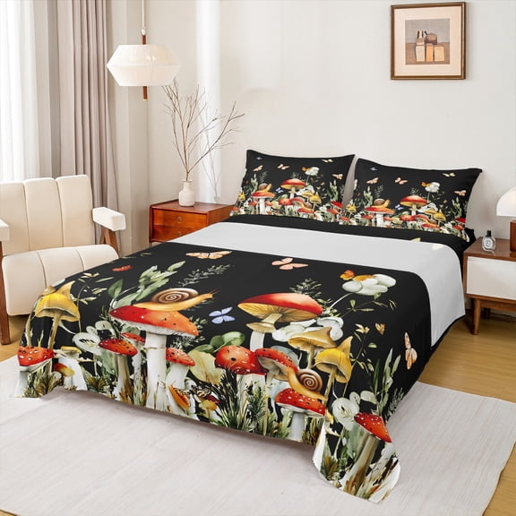 Feelyou Cartoon Mushroom Plant Bed Sheets, Dreamy Butterfly Animal King Sheets, Rustic Farmhouse Sheet Set, Microfiber Bedroom Decor, 4pcs