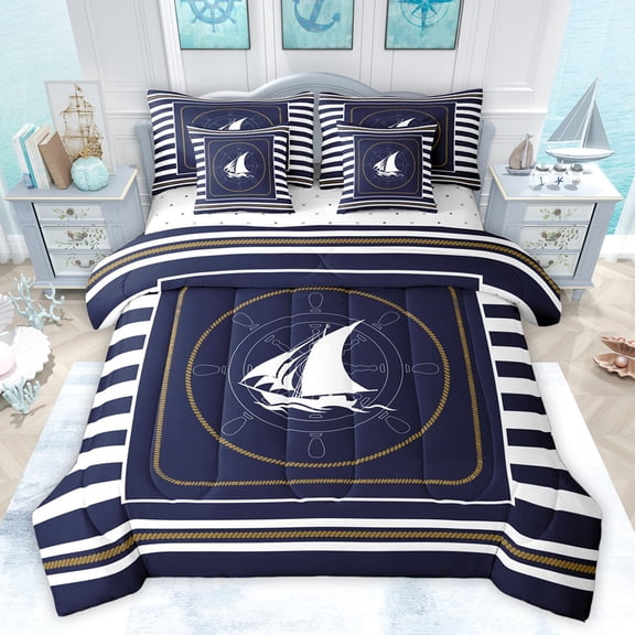 Feelyou Cartoon Ocean Sailboat Bedding Comforter Set 7 Pieces for Boy, Marine Nautical Full Bedding Set, Navy Abstract Lines Fitted Sheet Flat Sheet, Microfiber Bedroom Decor