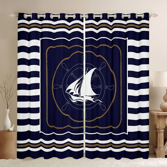 Feelyou Cartoon Ocean Sailboat Curtains Pack of 2 (42x84 Each) for Boy, Marine Nautical Curtains Blackout, Navy Abstract Lines Bedroom Curtains, Black Out Curtains Decor