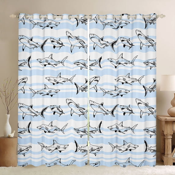 Feelyou Cartoon Ocean Shark Blackout Curtains Set of 2 (52x84 Each) for Men Boys, Blue White Line Art Stripe Window Curtains