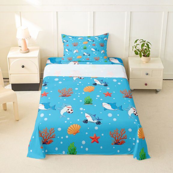 Feelyou Cartoon Ocean Shark Twin Sheet Sets for Boys Girls, Cute Coral Starfish Wildlife Bedding, Blue, 3 Pieces