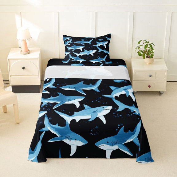 Feelyou Cartoon Ocean Shark Twin Sheet Sets for Kids Boys Girls, Marine Animal Bedding, Black Blue, 3-Piece