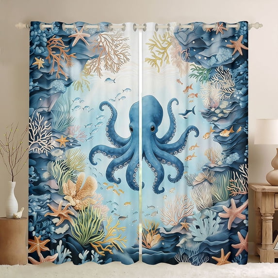 Feelyou Cartoon Octopus Starfish Black Out Curtains for Kids Boys Girls, Watercolor Sea Animal Curtains Pack of 2 (42x63 Each), Blue
