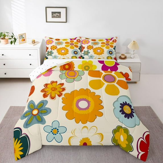 Feelyou Cartoon Orange Flower Twin Comforter Sets, Groovy Blossoms Bedding Set, 2pcs