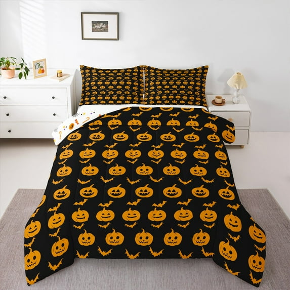 Feelyou Cartoon Orange Pumpkin Queen Comforter Set, Gothic Halloween Bat Animal Bedding Sets, Kid Child Teen Reversible Bedding Comforter Set, Luxury Bedroom Decor, 3pcs