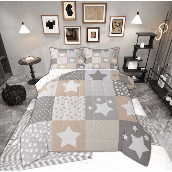 Feelyou Cartoon Orange Stars Full Size Comforter Sets for Kids, Polka Dots Patchwork Bedding Comforter Set, Buffalo Plaid Reversible Bedding Sets, Lightweight Room Decor, 3 Pieces