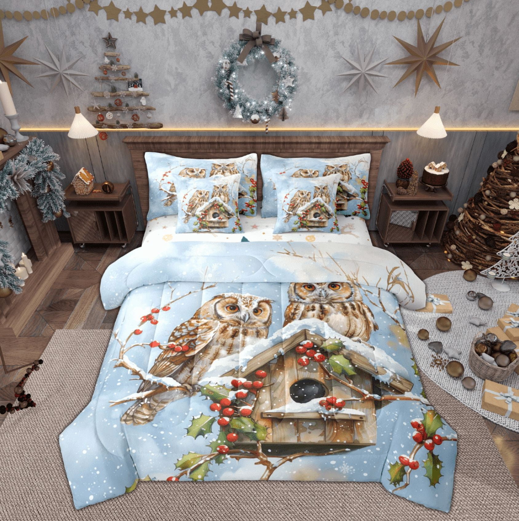 Feelyou Cartoon Owl Bedding Comforter Set 7pcs, Blue Christmas Queen ...