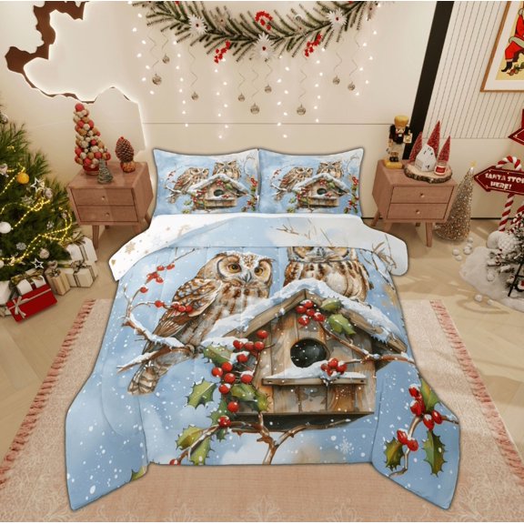 Feelyou Cartoon Owl Queen Comforter Set, Blue Christmas Bedding Sets, Winter Rustic Snowflake Reversible Bedding Comforter Set, Microfiber Bedroom Decor,3-Piece
