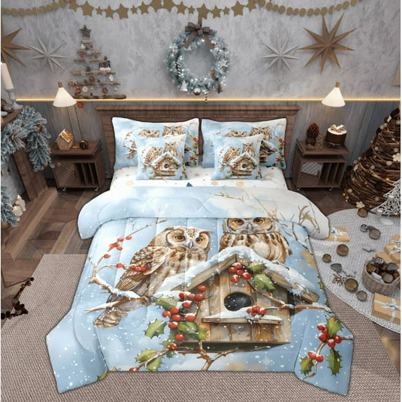 Feelyou Cartoon Owl Twin Bedding Sets 7-Piece, Blue Christmas Bedding Comforter Set, Winter Rustic Snowflake Reversible Sheet Sets, Microfiber Bedroom Decor
