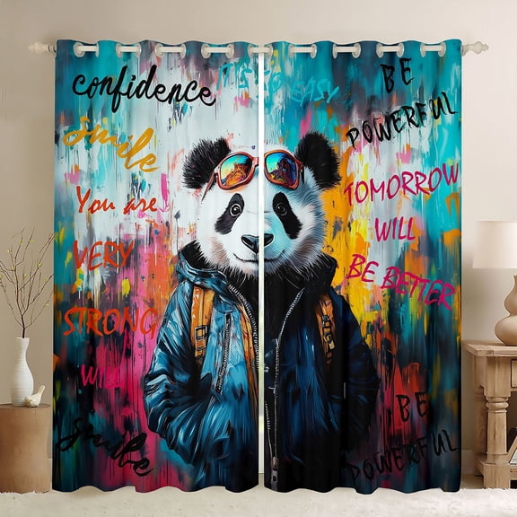 Feelyou Cartoon Panda Lover Blackout Curtains Set of 2 (52x84 Each), Inspirational Words Window Curtains, Watercolor Graffiti Curtains and Drapes, Blackout Curtains Room Decor