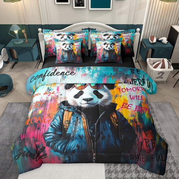 Feelyou Cartoon Panda Lover Twin Bedding Sets 7-Piece, Inspirational Words Bedding Comforter Set, Watercolor Graffiti Reversible Sheet Sets, Super Cozy Room Decor