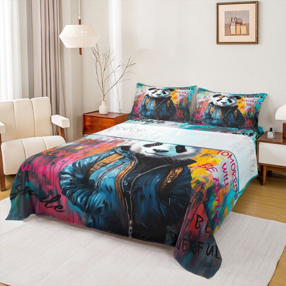 Feelyou Cartoon Panda Lover Twin Sheet Sets, Inspirational Words Twin Fitted Sheet, Watercolor Graffiti Flat Sheet, Super Cozy Room Decor, 3-Piece