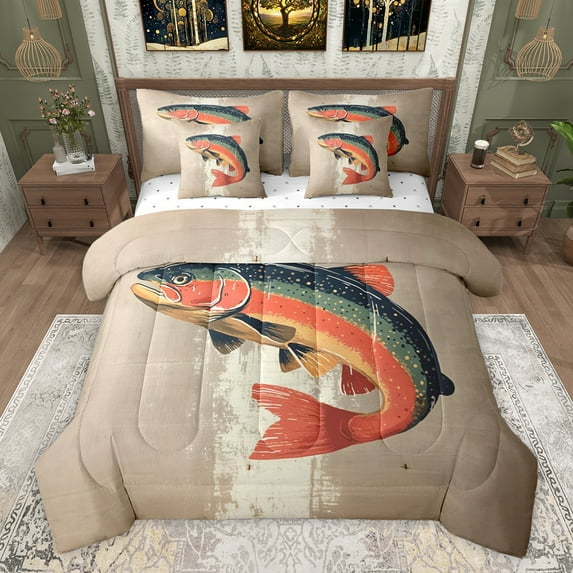 Feelyou Cartoon Pike Fish Bedding Comforter Set 7pcs, Hunting and Fishing Queen Bedding Sets, Rustic Farmhouse Reversible Queen Sheet Sets, Breathable Home Decor