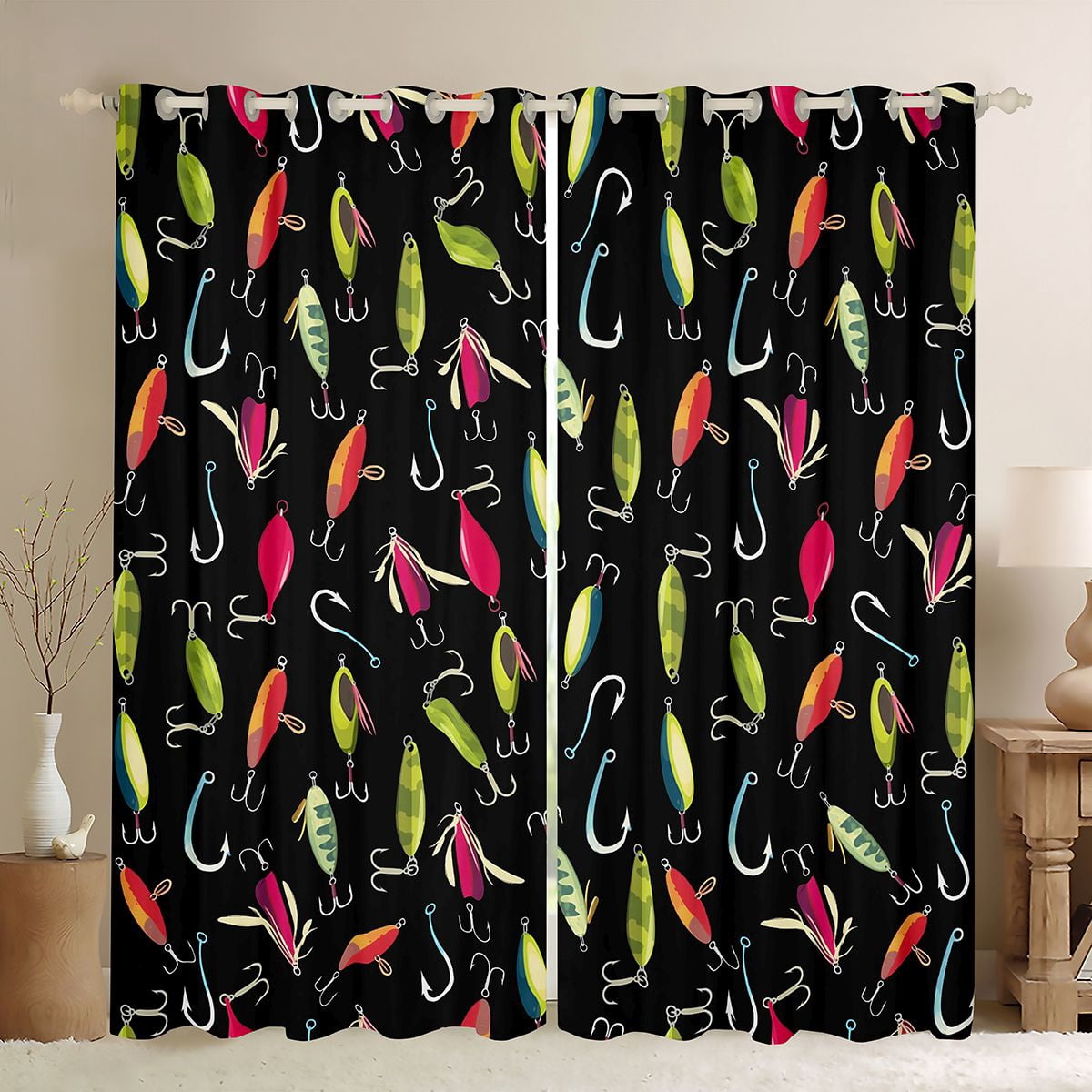 Feelyou Cartoon Pike Fish Curtains Pack of 2 (42x84 Each), Rustic Fishing Hook Curtains Blackout, Teens Kids Boys Girls Bedroom Curtains, Black Out Curtains Decor