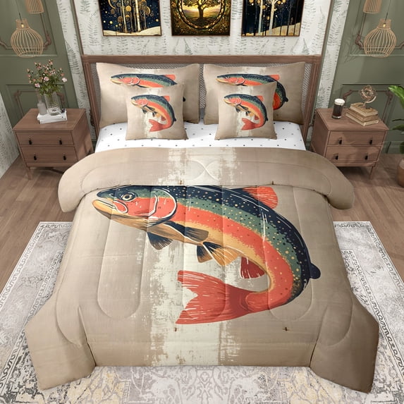 Feelyou Cartoon Pike Fish Twin Bedding Sets 7-Piece, Hunting and Fishing Bedding Comforter Set, Rustic Farmhouse Reversible Sheet Sets, Breathable Home Decor