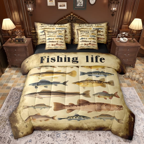 Feelyou Cartoon Pike Fish Twin Bedding Sets 7-Piece for Teens, Hunting and Fishing Bedding Comforter Set, Rustic Farmhouse Life Reversible Sheet Sets, Lightweight Room Decor