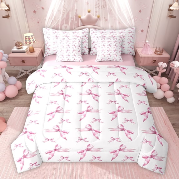 Feelyou Cartoon Pink Bow Bedding Comforter Set 7 Pieces for Kids, Kawaii Ribbon Bowknot Full Bedding Set, Cute Princess Style Reversible Fitted Sheet Flat Sheet, Ultra Soft Bedroom Decor