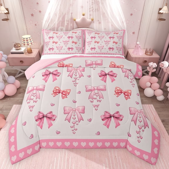 Feelyou Cartoon Pink Bow Bedding Comforter Set for Kids, Fashion Ribbon Bow-tie Twin Comforter Sets, Romantic Love Heart Reversible Bedding Set, Ultra Soft Bedroom Decor, 2-Piece