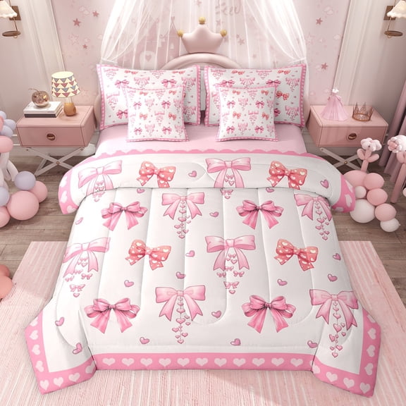 Feelyou Cartoon Pink Bow Twin Bedding Sets 7-Piece for Kids, Fashion Ribbon Bow-tie Bedding Comforter Set, Romantic Love Heart Reversible Sheet Sets, Ultra Soft Bedroom Decor