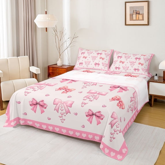 Feelyou Cartoon Pink Bow Twin Sheet Sets for Kids, Fashion Ribbon Bow-tie Twin Fitted Sheet, Romantic Love Heart Flat Sheet, Ultra Soft Bedroom Decor, 3-Piece