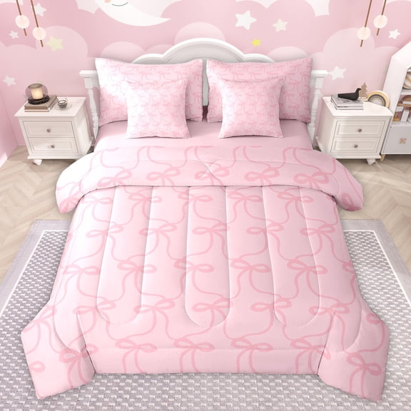 Feelyou Cartoon Pink Bowknot Bedding Comforter Set 7pcs, Princess Kawaii Ribbon King Bedding Sets, Teens Kids Girls Women Reversible Bed Sheets, Super Cozy Room Decor