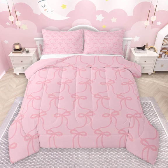 Feelyou Cartoon Pink Bowknot Full Size Comforter Sets, Princess Kawaii Ribbon Bedding Comforter Set, Teens Kids Girls Women Reversible Bedding Sets, Super Cozy Room Decor, 3-Piece