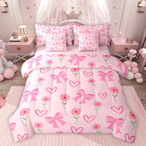 Feelyou Cartoon Pink Bowknot Twin Bedding Sets 7-Piece, Kawaii Flower Floral Bedding Comforter Set, Dreamy Princess Love Heart Reversible Sheet Sets, Luxury Bedroom Decor