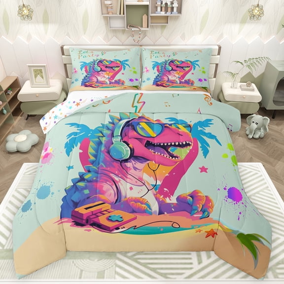 Feelyou Cartoon Pink Dinosaur Bedding Comforter Set, Watercolor Twin Comforter Sets, Animal Music Party Reversible Bedding Set, Lightweight Room Decor, 2 Pieces
