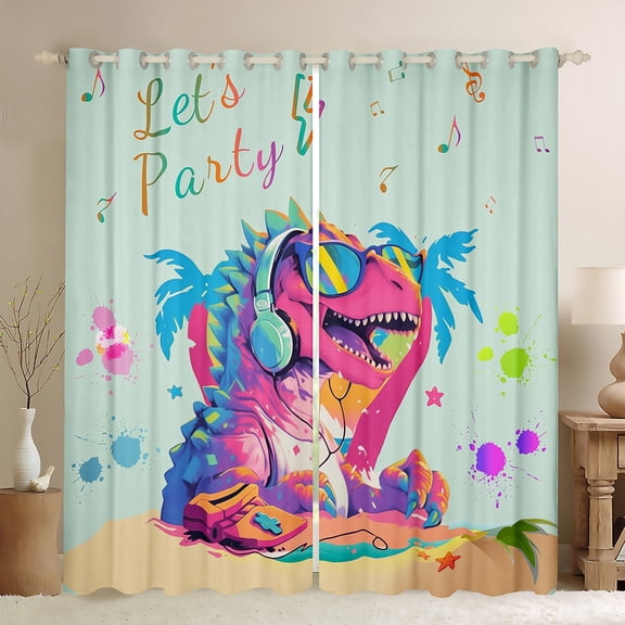 Feelyou Cartoon Pink Dinosaur Black Out Curtains, Watercolor Curtains Pack of 2 (42x63 Each), Animal Music Party Bedroom Curtains, Curtains and Drapes Decor