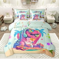 Feelyou Cartoon Pink Dinosaur Twin Bedding Sets 7-Piece, Watercolor Bedding Comforter Set, Animal Music Party Reversible Sheet Sets, Lightweight Room Decor