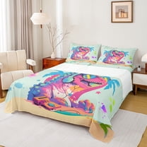 Feelyou Cartoon Pink Dinosaur Twin Sheet Sets, Watercolor Twin Fitted Sheet, Animal Music Party Flat Sheet, Lightweight Room Decor, 3 Pieces