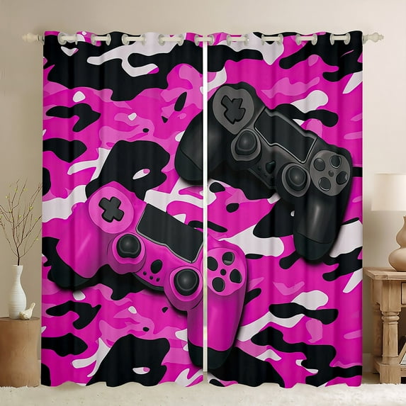 Feelyou Cartoon Pink Gamepad Blackout Curtains Set of 2 (52x84 Each), Chic Camouflage Camo Window Curtains, Teens Kids Boys Girls Curtains and Drapes, Black Out Curtains Decor