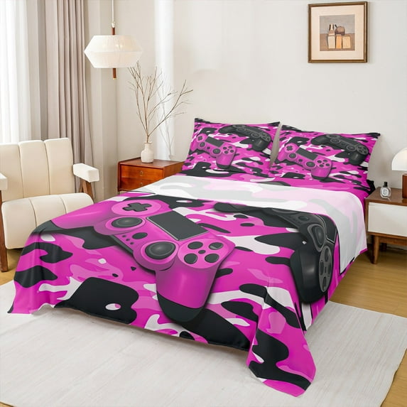 Feelyou Cartoon Pink Gamepad Queen Sheet Sets, Chic Camouflage Camo Flat Sheet, Teens Kids Boys Girls Queen Fitted Sheet, Super Cozy Room Decor, 4pcs