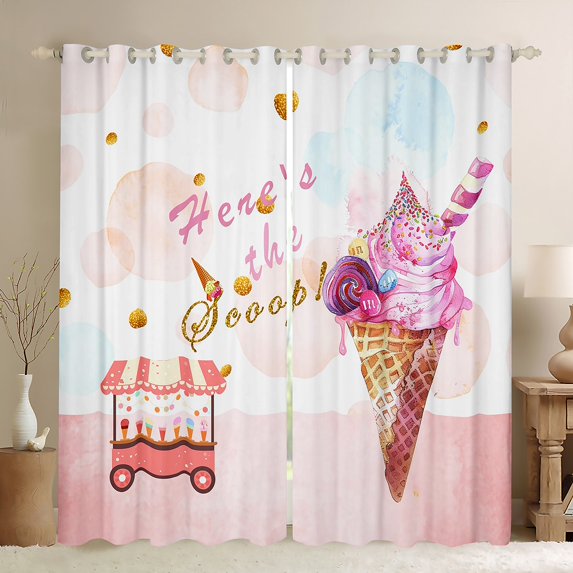 Feelyou Cartoon Pink Ice Cream Blackout Curtains Set of 2 (52x84 Each), Watercolor Window Curtains, Teens Boys Girls Kids Curtains and Drapes, Curtains and Drapes Home Decor