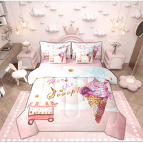 Feelyou Cartoon Pink Ice Cream Twin Bedding Sets 7-Piece, Watercolor Bedding Comforter Set, Teens Boys Girls Kids Reversible Sheet Sets, Ultra Soft Home Decor