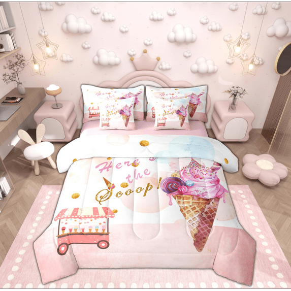 Feelyou Cartoon Pink Ice Cream Twin Bedding Sets 7-Piece, Watercolor Bedding Comforter Set, Teens Boys Girls Kids Reversible Sheet Sets, Ultra Soft Home Decor