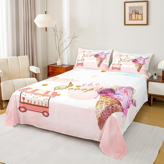 Feelyou Cartoon Pink Ice Cream Twin Sheet Sets, Watercolor Twin Fitted Sheet, Teens Boys Girls Kids Flat Sheet, Ultra Soft Home Decor, 3-Piece