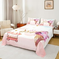 Feelyou Cartoon Pink Ice Cream Twin Sheet Sets, Watercolor Twin Fitted Sheet, Teens Boys Girls Kids Flat Sheet, Ultra Soft Home Decor, 3-Piece