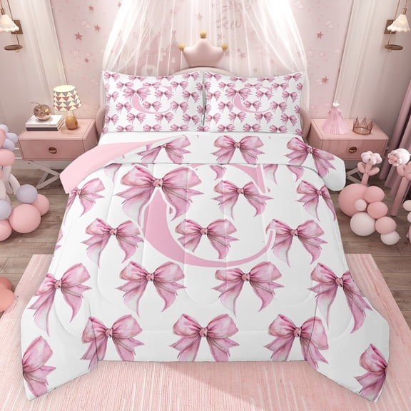 Feelyou Cartoon Pink Letter Bedding Comforter Set for Teen, Bowknot Monogrammed C Twin Comforter Sets, Watercolor Ribbon Reversible Bedding Set, Microfiber Bedroom Decor, 2pcs