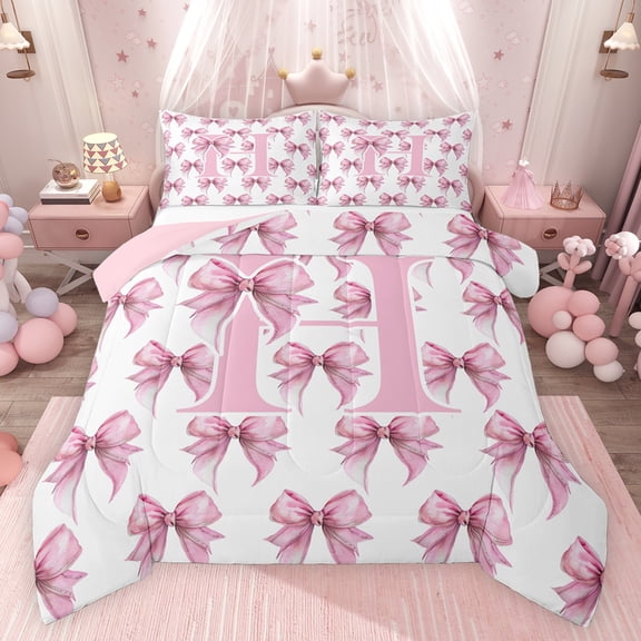 Feelyou Cartoon Pink Letter Bedding Comforter Set for Teen, Bowknot Monogrammed H Twin Comforter Sets, Watercolor Ribbon Reversible Bedding Set, Breathable Home Decor, 2pcs