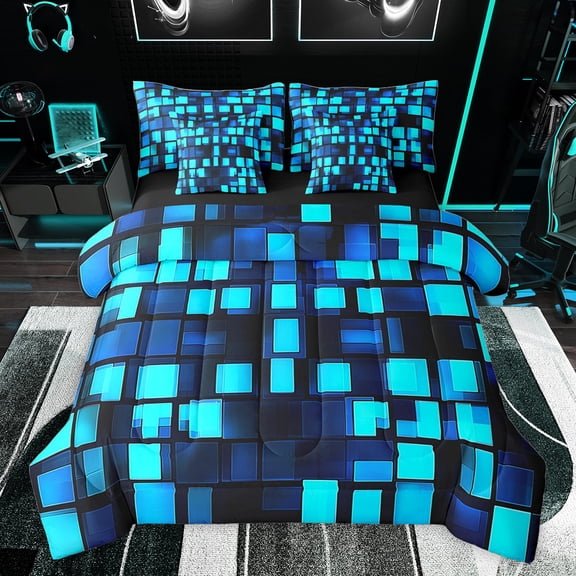 Feelyou Cartoon Pixelate Miner Bedding Comforter Set 7pcs, Blue Square Abstract Queen Bedding Sets, Fashion Honeycomb Reversible Queen Sheet Sets, Breathable Home Decor