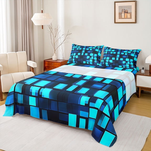 Feelyou Cartoon Pixelate Miner Twin Sheet Sets, Blue Square Abstract Twin Fitted Sheet, Fashion Honeycomb Flat Sheet, Breathable Home Decor, 3pcs