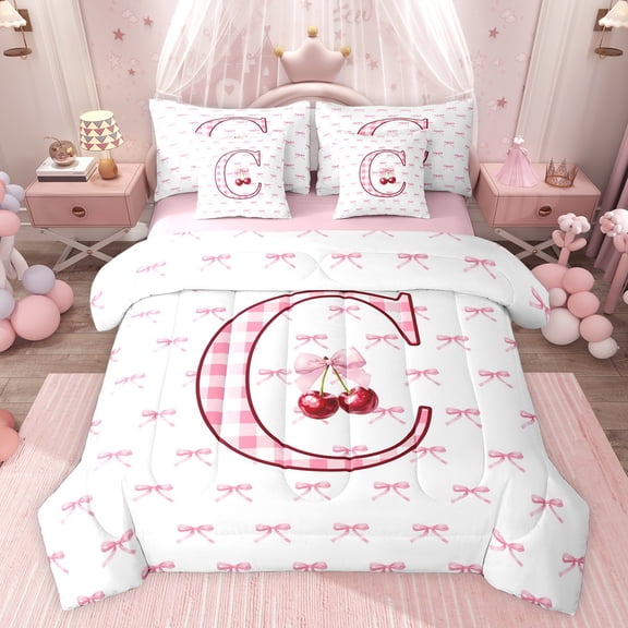 Feelyou Cartoon Plaid Letter C Bedding Comforter Set 7pcs, Dreamy Pink Ribbon Cherry King Bedding Sets, Fairy Tale Style Reversible Bed Sheets, Microfiber Bedroom Decor
