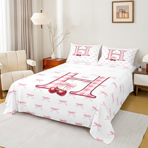 Feelyou Cartoon Plaid Letter H Queen Sheet Sets, Dreamy Pink Ribbon Cherry Flat Sheet, Fairy Tale Style Queen Fitted Sheet, Luxury Bedroom Decor, 4pcs
