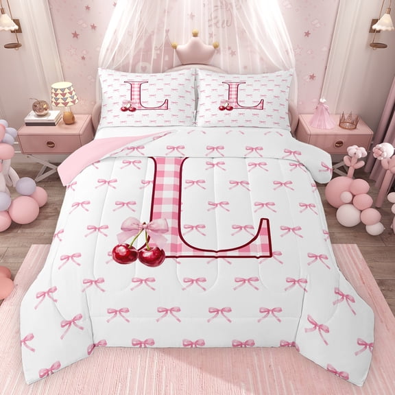 Feelyou Cartoon Plaid Letter L Bedding Comforter Set, Dreamy Pink Ribbon Cherry Twin Comforter Sets, Fairy Tale Style Reversible Bedding Set, Super Cozy Room Decor, 2pcs